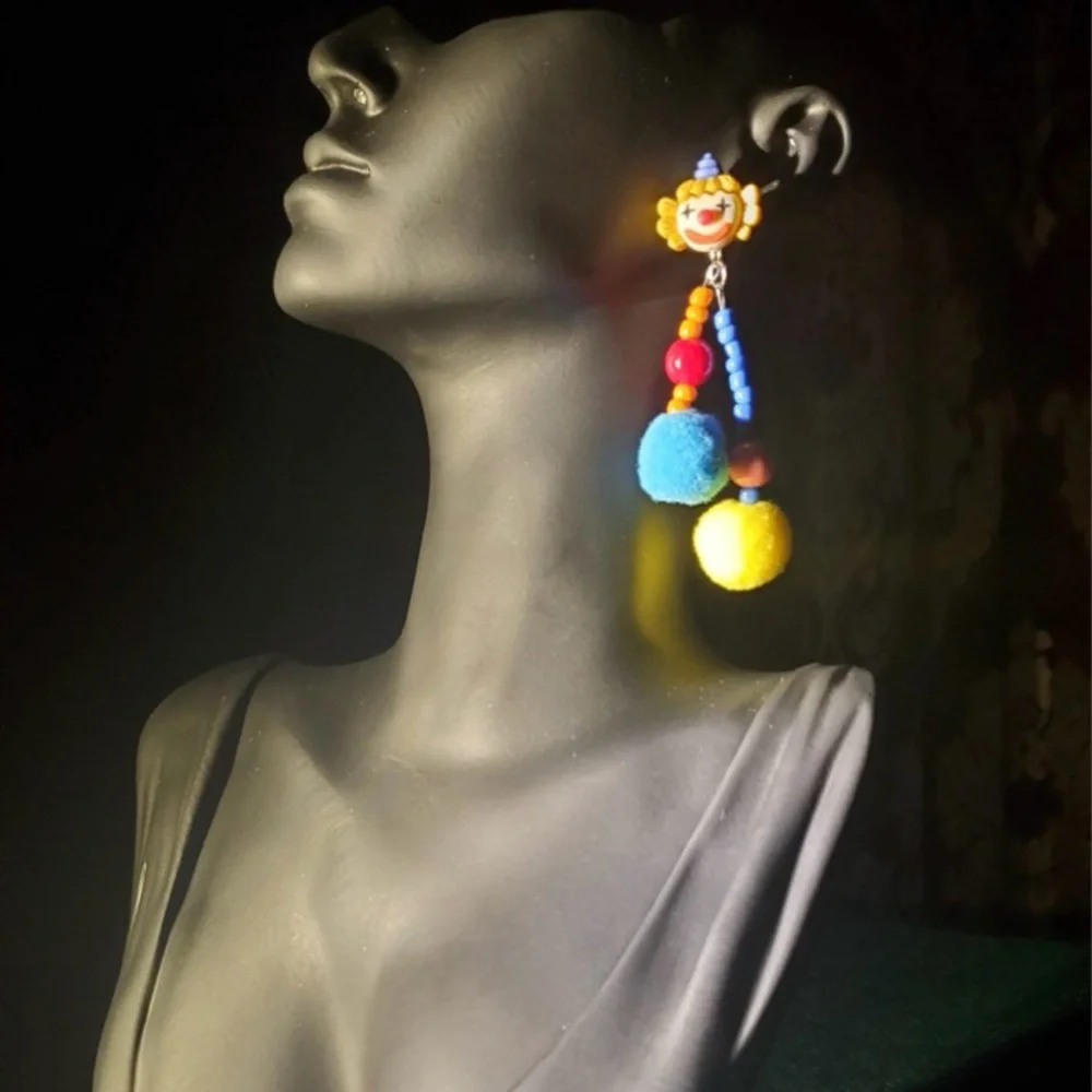 Colorful Pom Pom Clown Earrings - Picture 4 of 5